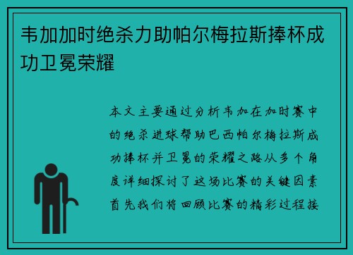 韦加加时绝杀力助帕尔梅拉斯捧杯成功卫冕荣耀