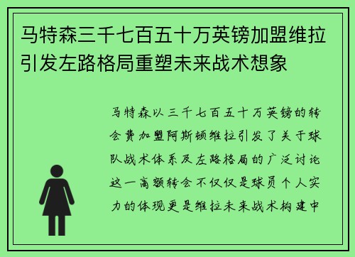 马特森三千七百五十万英镑加盟维拉引发左路格局重塑未来战术想象