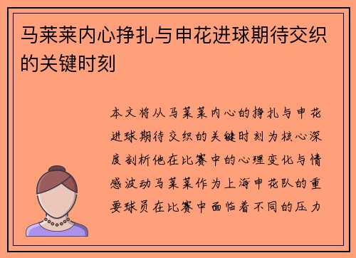 马莱莱内心挣扎与申花进球期待交织的关键时刻