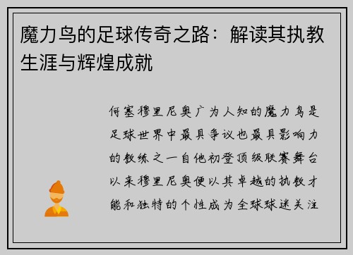 魔力鸟的足球传奇之路：解读其执教生涯与辉煌成就
